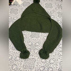 Cozy Green Knit Scarf with Hood and Pom Pom Mittens